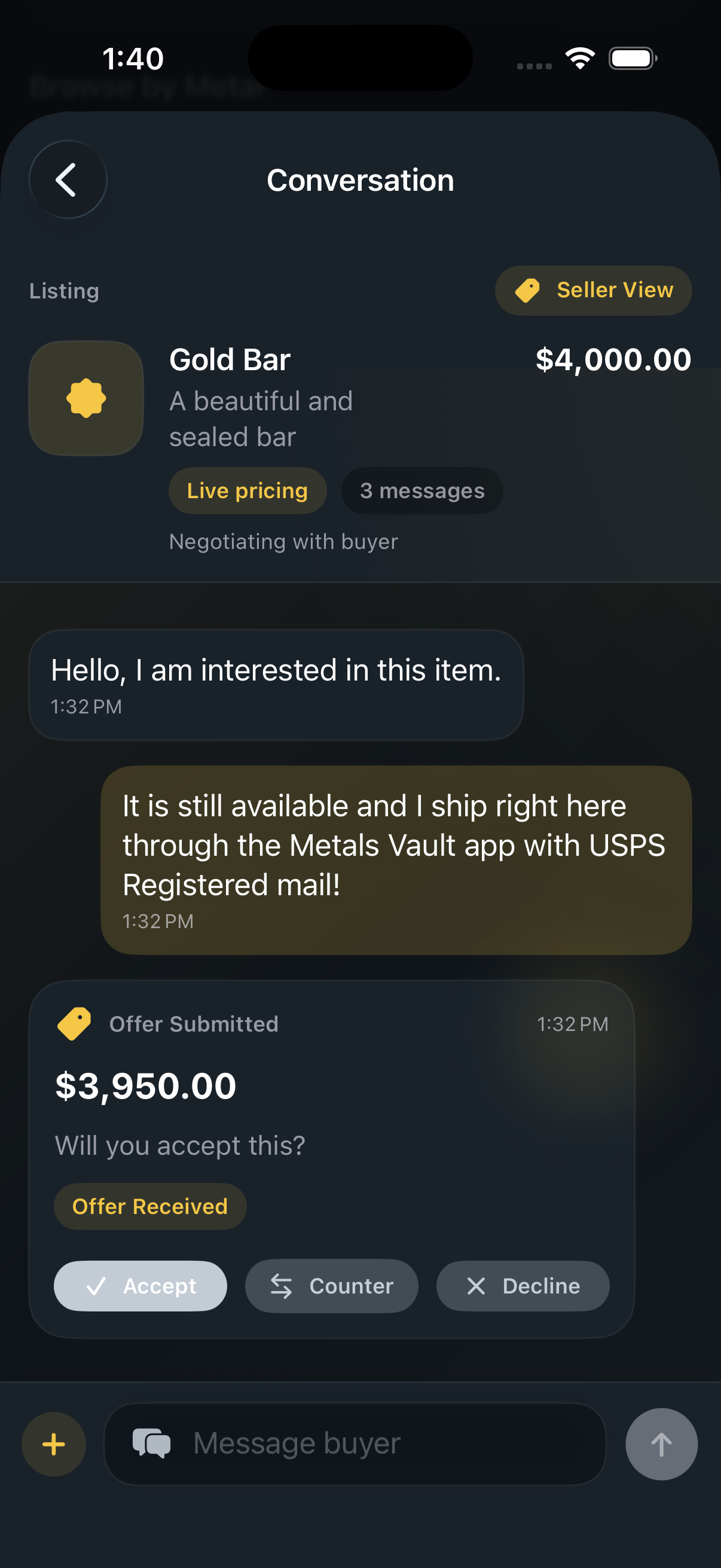 MetalsVault buyer seller messaging