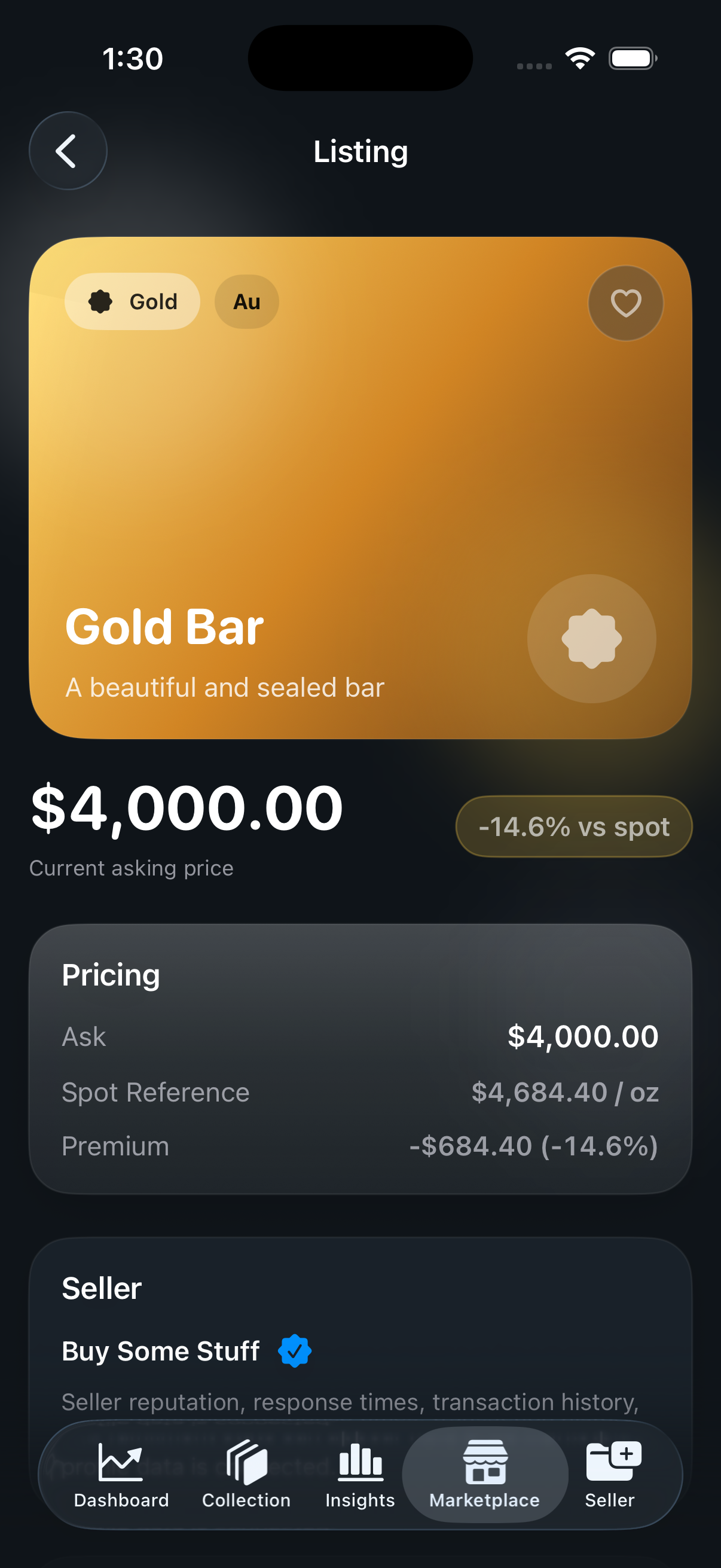 MetalsVault listing detail view