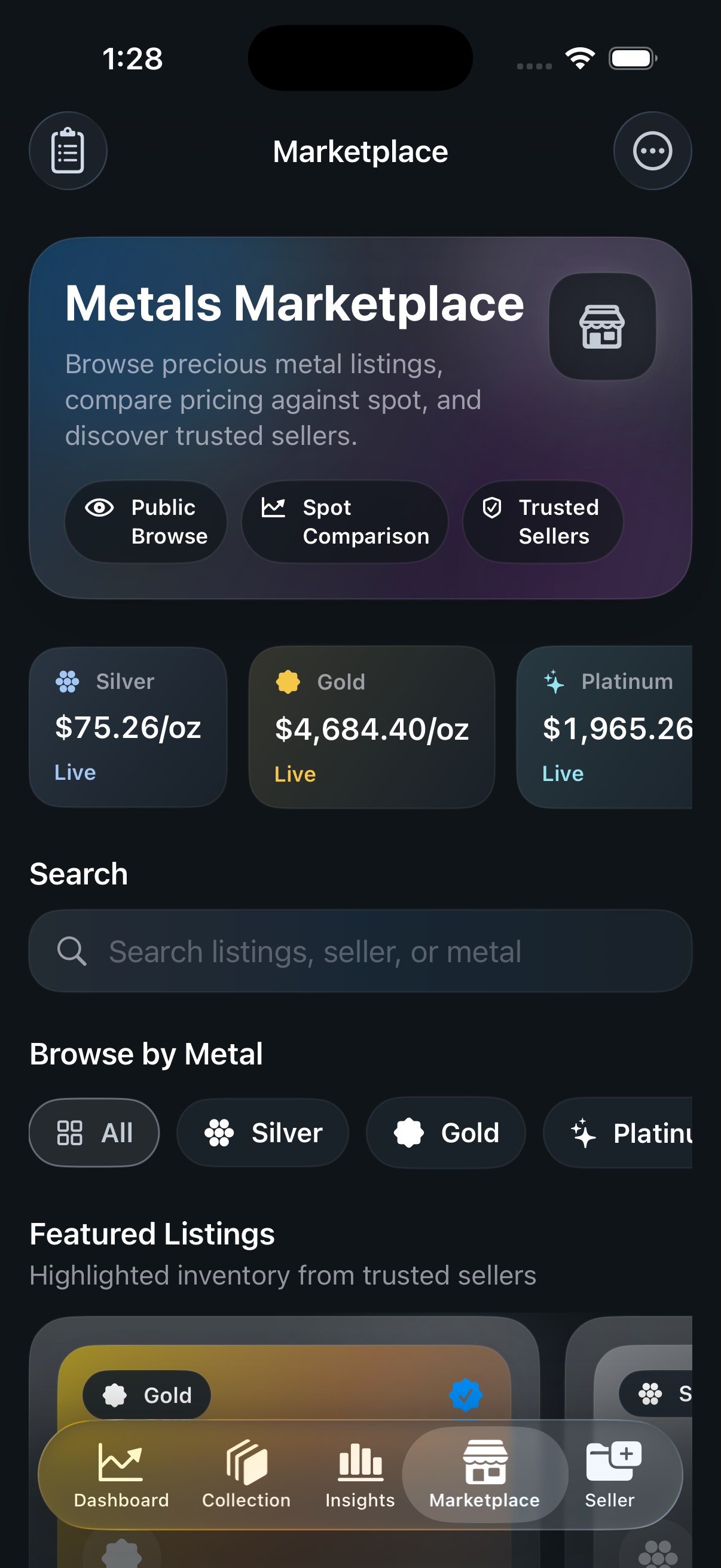 MetalsVault marketplace listing feed